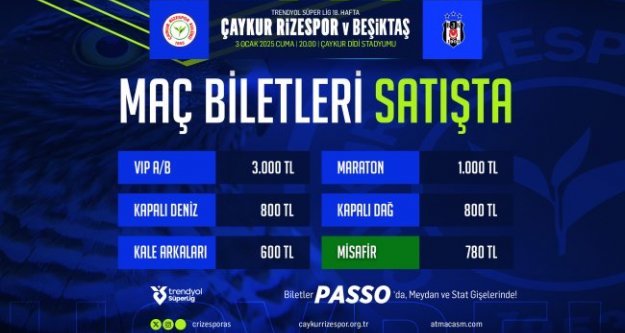 ÇAYKUR RİZESPOR - BEŞİKTAŞ MAÇI BİLETLERİ SATIŞA ÇIKTI